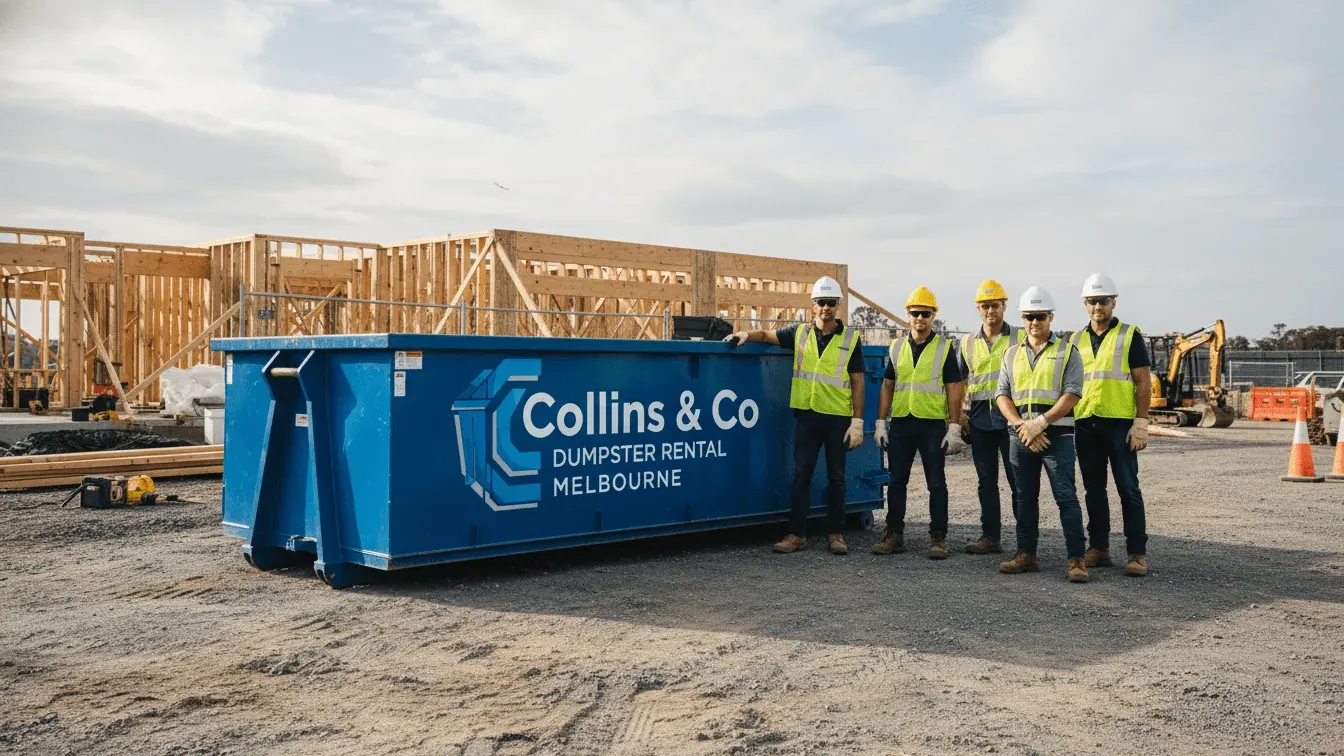 Collins & Co Dumpster Rental team in high-visibility vests at the Melbourne yard Collins & Co Dumpster Rental team in high-visibility vests at the Melbourne yard